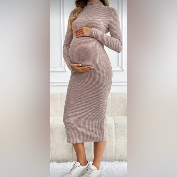 Long sleeve pink mauve maternity dress - Picture 1 of 5